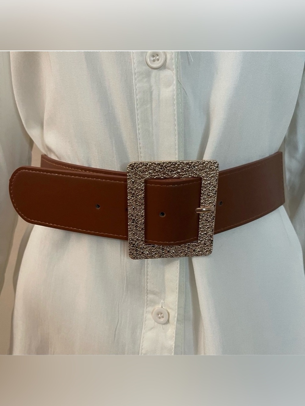 Plus size brown PU leather gold tone square buckle elastic waistband belt